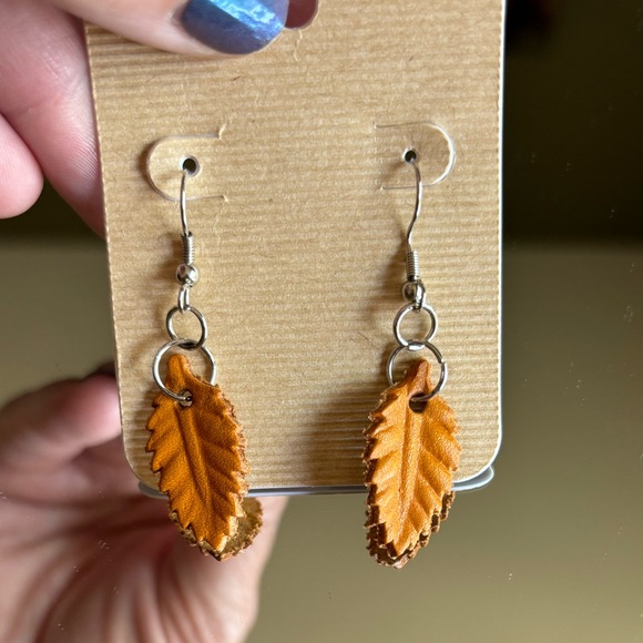 Handmade by Me Leather Leaf Earrings - Picture 3 of 4